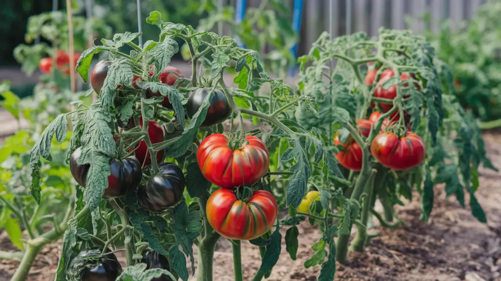 Black Prince tomato growing plants in full sunlight.