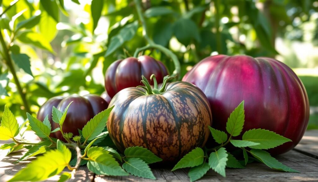 Favorite heirloom purple tomato varieties: Cherokee Chocolate, Black Krim, and Brandywine, Black tomatoes.