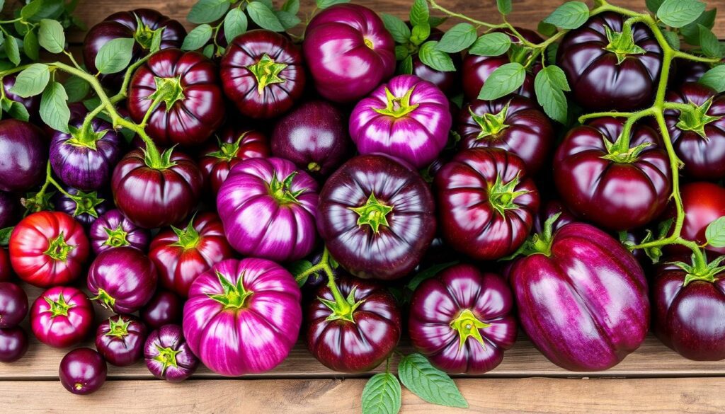 diverse types of purple tomatoes