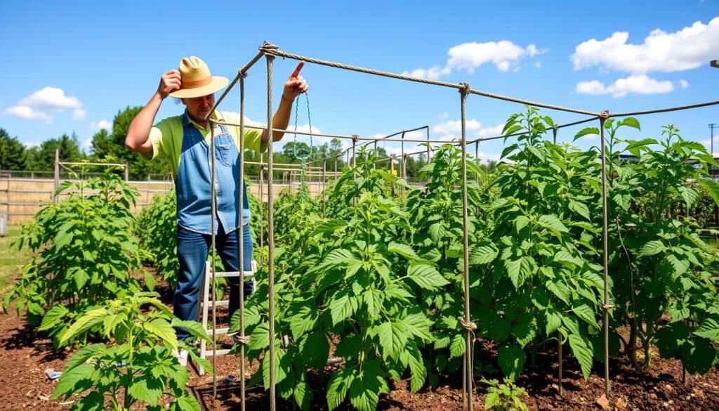 setting up tomato cages